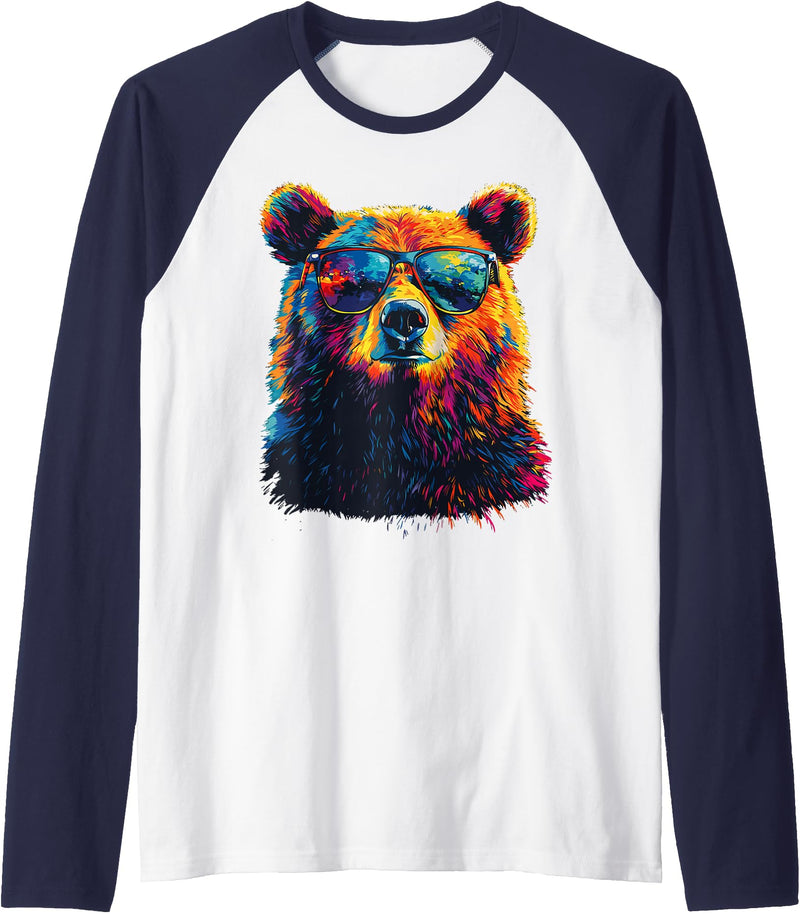 Colorful Forest Illustration Bear Art Nature Bear Wearing Sunglasses Wildlife Graphic Colorful Bear Raglan Baseball Tee - Navy Blue/White