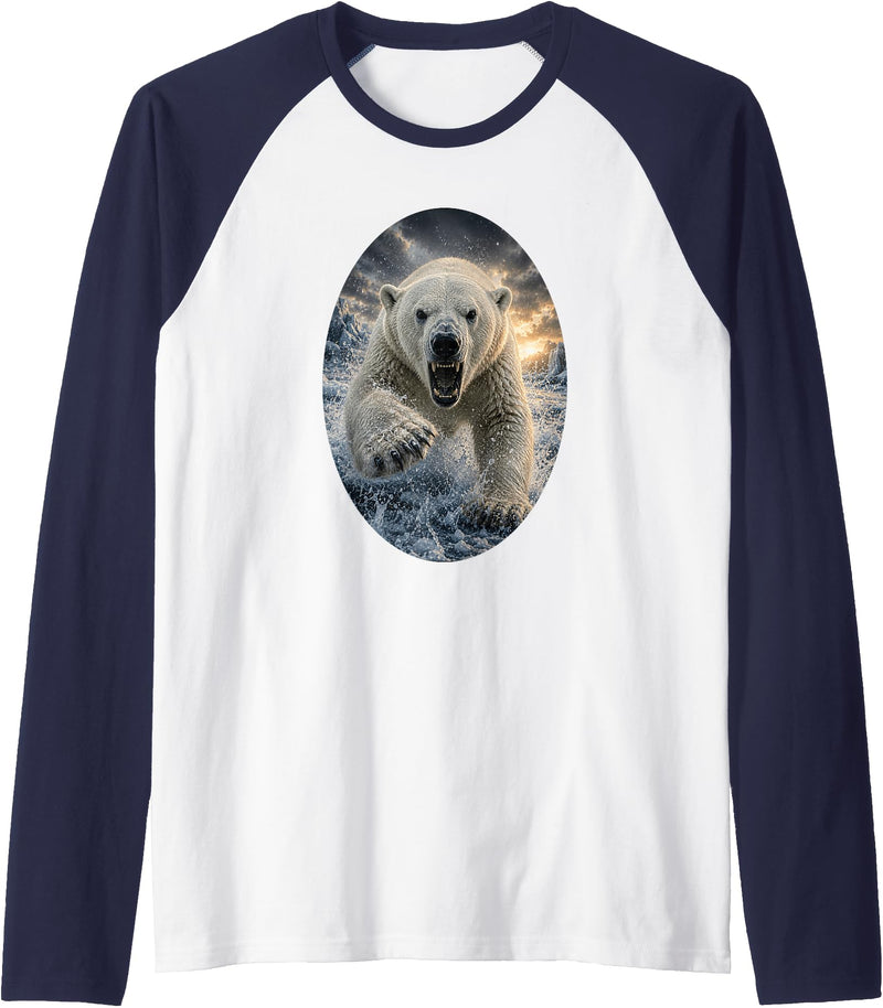 Untamed Horizon Collection Polar Bear Wildlife Art Majestic Arctic Nature Graphic Raglan Baseball Tee - Navy Blue/White