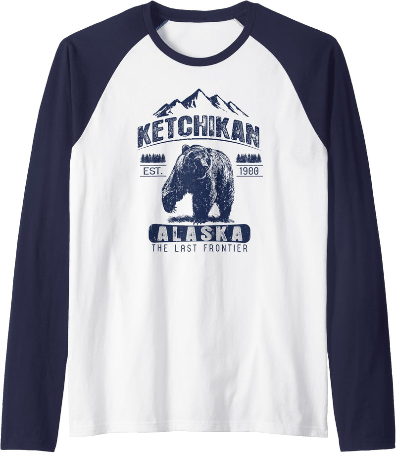 Ketchikan Alaska Souvenir Gift Shirts Vintage Bear Ketchikan Alaska Shirt - Ketchikan AK Raglan Baseball Tee - Navy Blue/White
