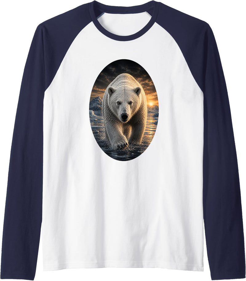 Untamed Horizon Collection Polar Bear Arctic Wildlife Sunset Nature Polar Bear Lover Raglan Baseball Tee - Navy Blue/White
