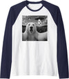 Retro Polar Bear Selfie with UFOs Meme Polar Bear Selfie with UFO Alien Funny Raglan Baseball Tee - Navy Blue/White