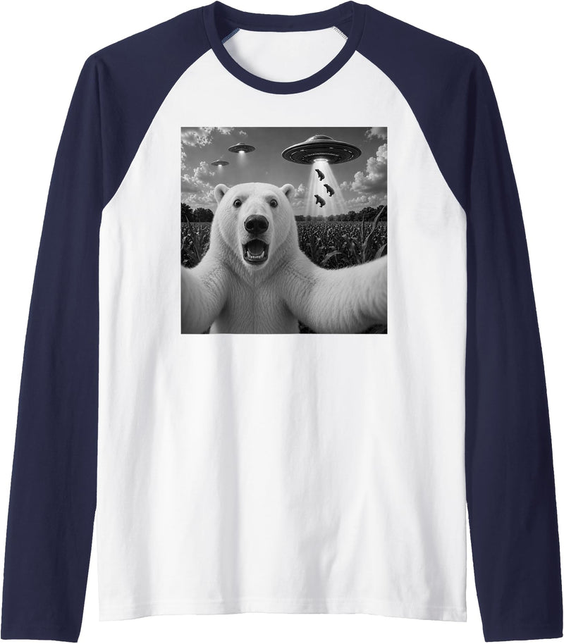 Retro Polar Bear Selfie with UFOs Meme Polar Bear Selfie with UFO Alien Funny Raglan Baseball Tee - Navy Blue/White