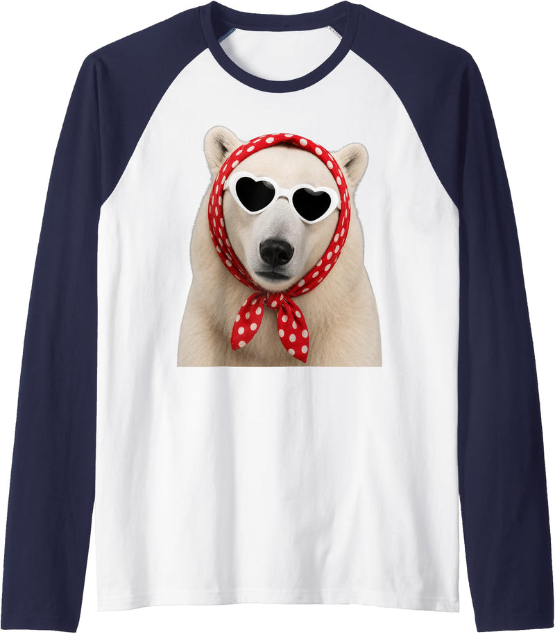 Funny Polar Bear with Sunglasses Cute Polar Bear Lover Heart Sunglasses Raglan Baseball Tee - Navy Blue/White