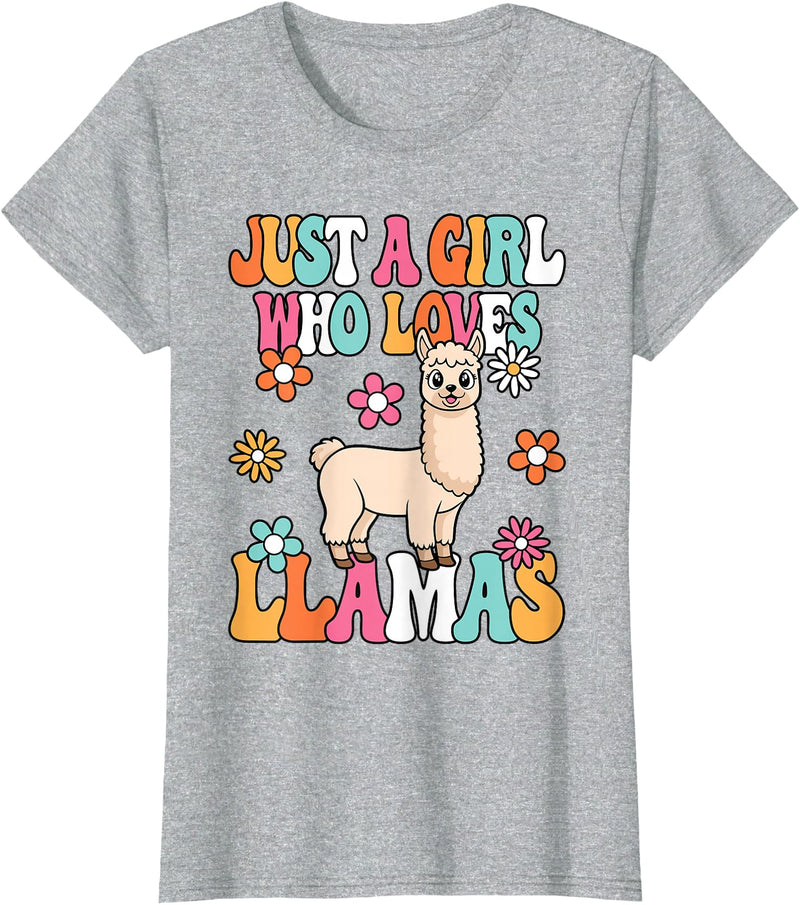 BALARI Just A Girl Who Loves Llamas Cute Groovy Alpaca Llama Kids T-Shirt - Heather Grey