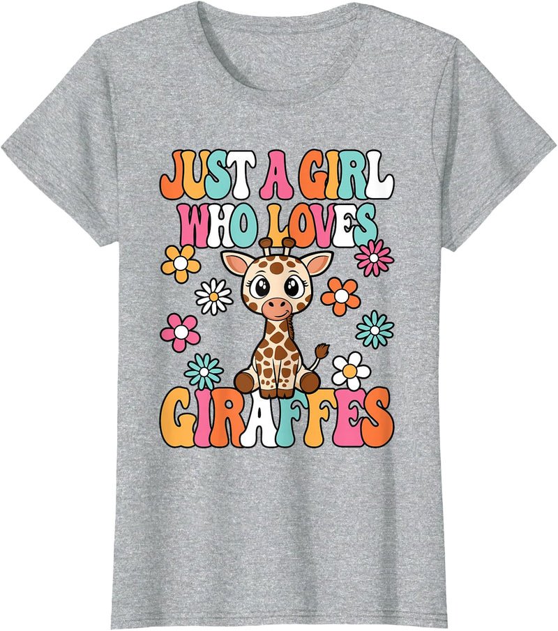 BALARI Just A Girl Who Loves Giraffes Cute Groovy Wild Animal Kids T-Shirt - Heather Grey