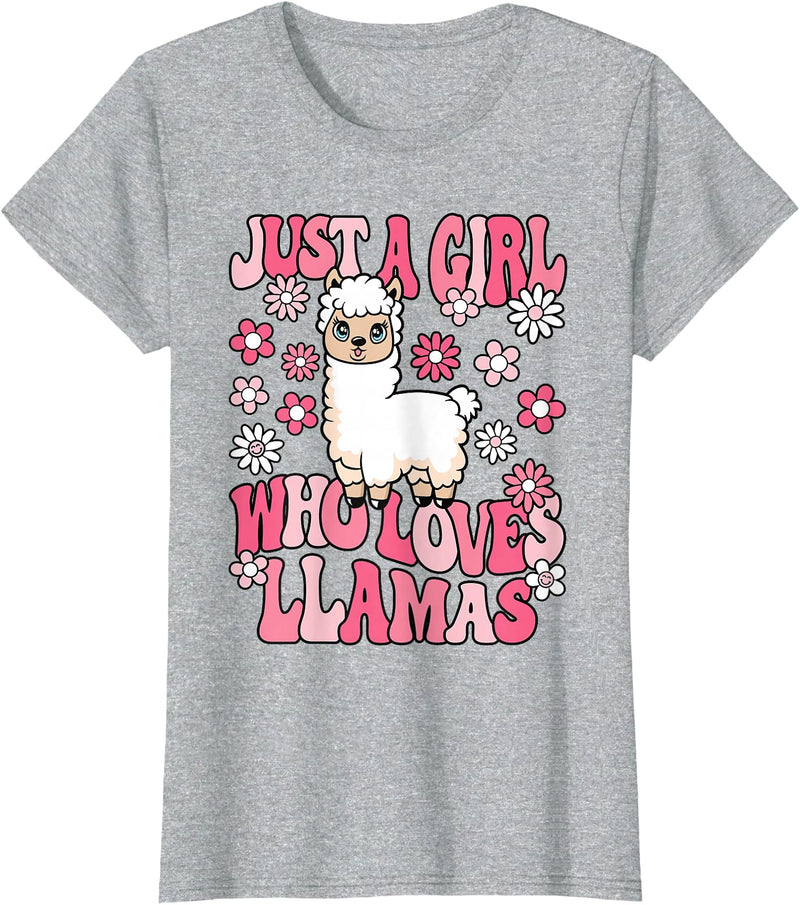 KATYLIN Just A Girl Who Loves Llamas Llama Lover Girls Kids T-Shirt - Heather Grey