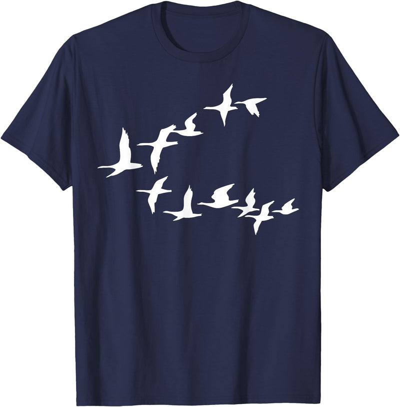 Marron Bear Birds In Flight, V Pattern Flock Of Geese T-Shirt - Navy Blue