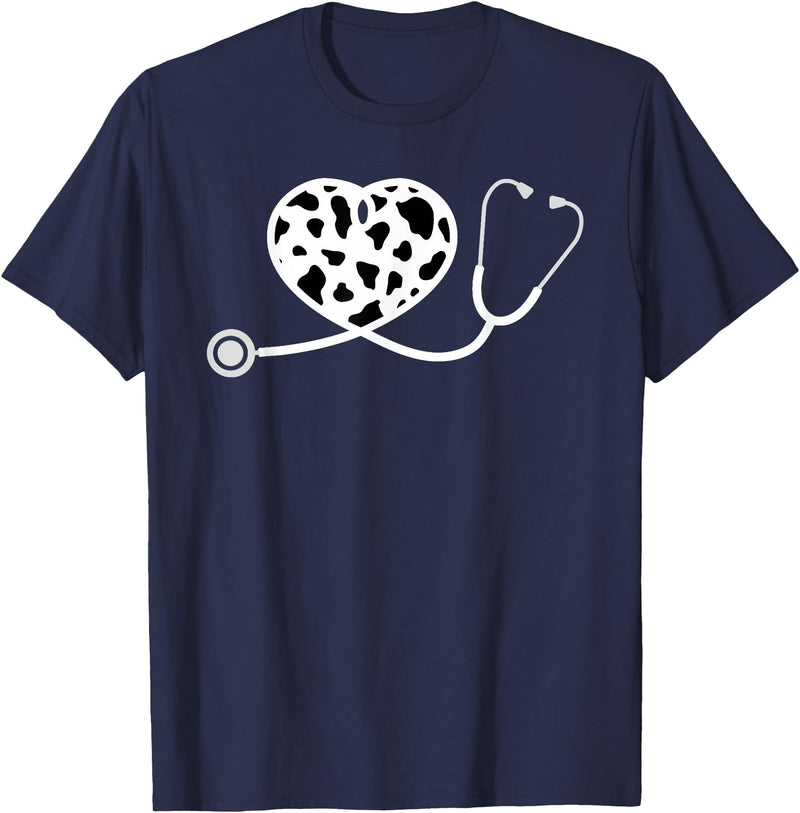 Cute Cow Print Design Stethoscope Gifts Him Her Cow Print Pattern Nurse Doctor Cardiology Stethoscope Heart T-Shirt - Navy