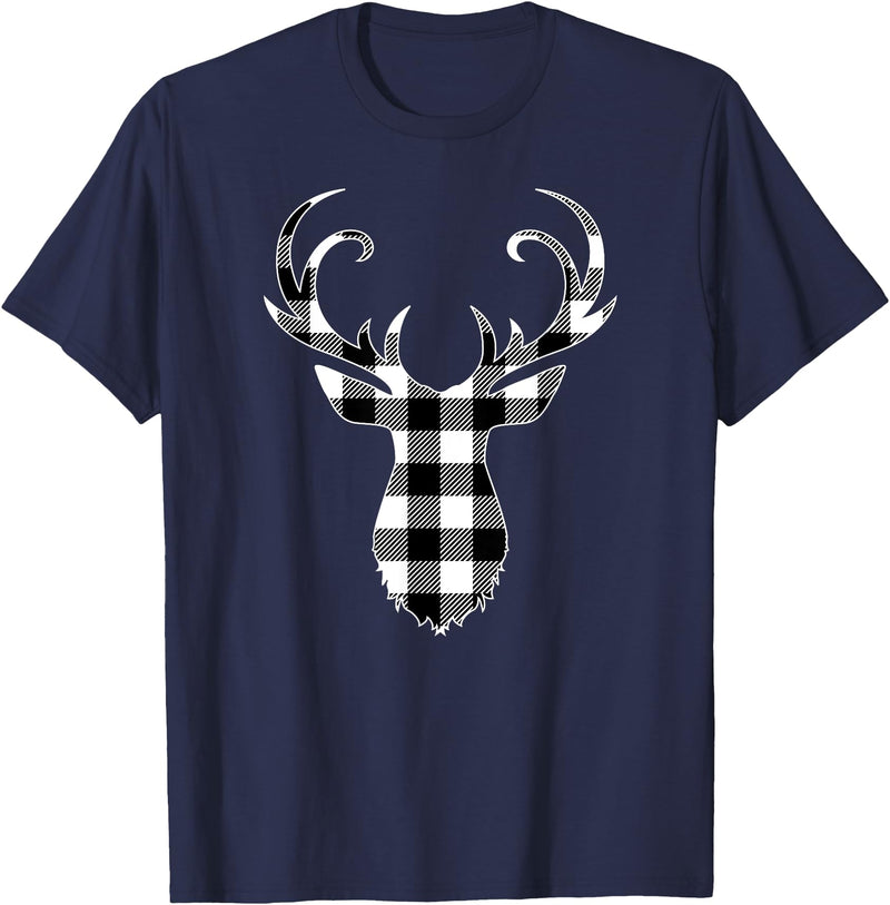 Buffalo Plaid Deer Clothing Co. by AAM Black & White Classic Christmas Buffalo Plaid Deer Head T-Shirt - Navy Blue