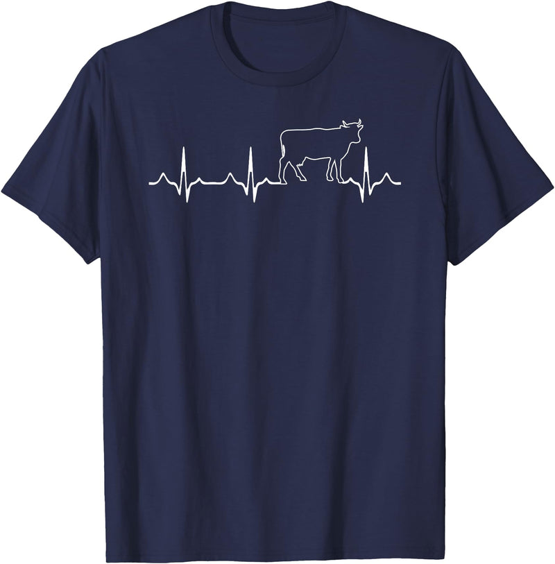 Cow Gifts for Cow Lovers Co. Cow Heartbeat - Farmer Rancher EKG Pulse Heartbeat Cow Lover T-Shirt - Navy Blue