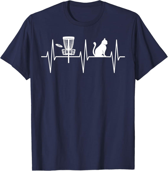 Disc Golf Shirt Funny Cat Lover Heartbeat Disc Golfer T-Shirt - Navy Blue
