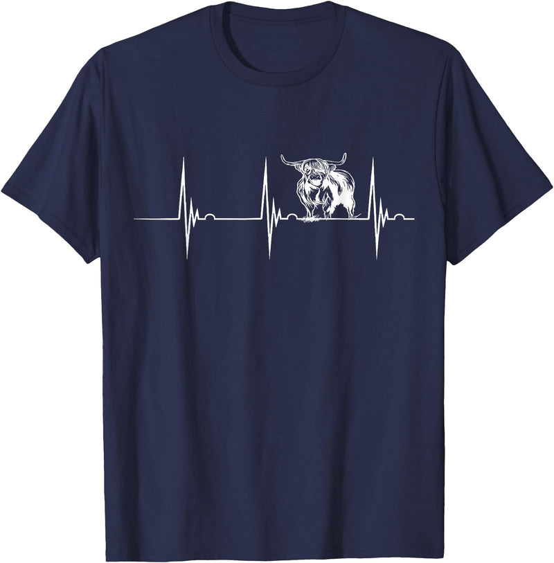 Loveable Highland Cows Hairy Coos Scottish Highland Cow Heartbeat EKG Pulse Highlander Cow T-Shirt - Navy Blue