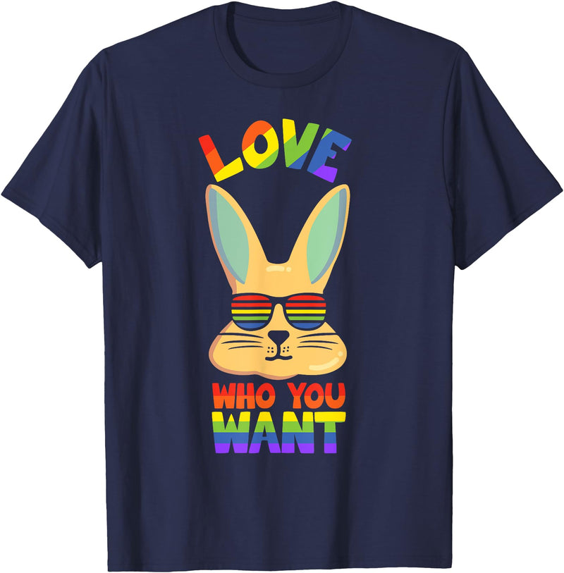 LGBT Bunny Rabbit with Glasses Pride LGBTQ Love Who You Want T-Shirt in Navy Blue