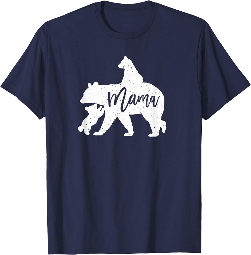 Artsy Mommy Bear Silhouette Nature Family Gifts Mama Bear 2 Baby Bear Cubs Playing Riding on Back T-Shirt - Navy Blue