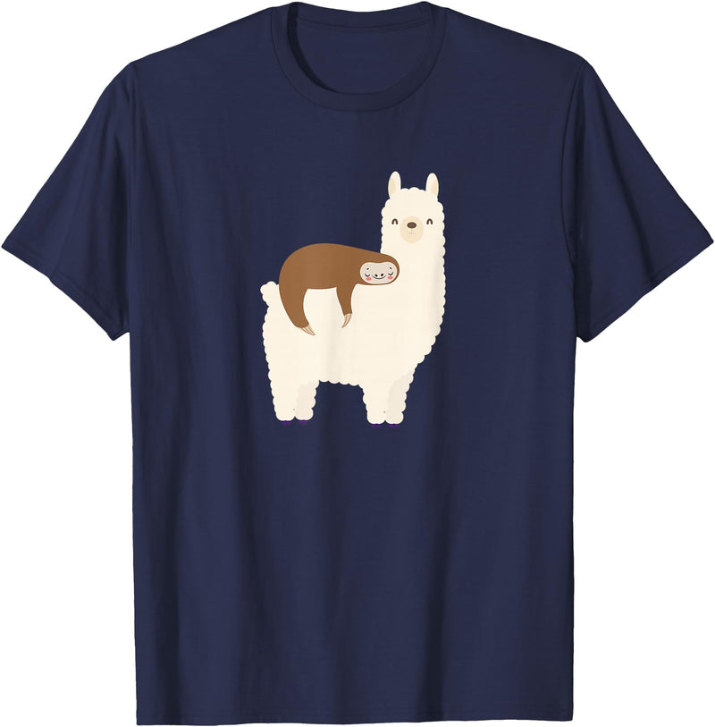 Unique Animal Lover Apparel Decor & Gifts Outlet Sloth Riding Llama Funny Graphic for Women for Girls T-Shirt - Navy Blue