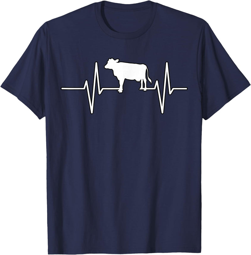 Animal Funny Farmer Farmers Gift Cow Cattle Beef Heartbeat Funny T-Shirt - Navy Blue