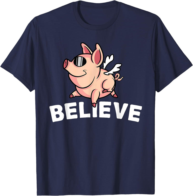 Funny Happy Piglet Farm Life Farmer Motivational Believe Flying Pig with Sunglasses Funny Animal Lover Gifts T-Shirt - Navy Blue