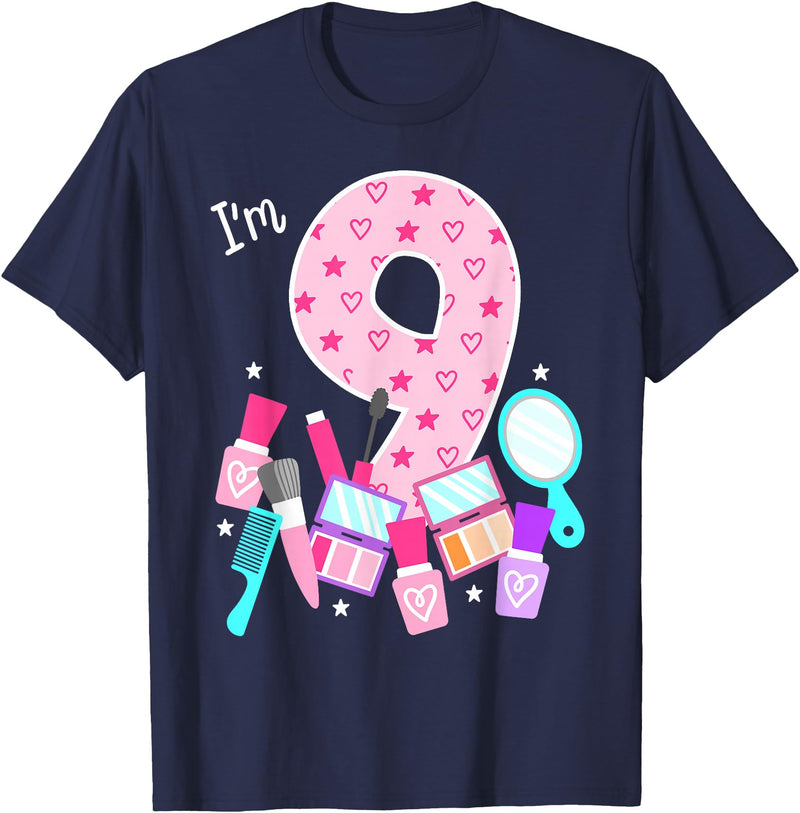 Birthday Girl Spa Squad Outfit Gifts Shop Spa Birthday Party I'm 9 Girls Makeup 9th Bday Kids Toddlers T-Shirt - Navy Blue
