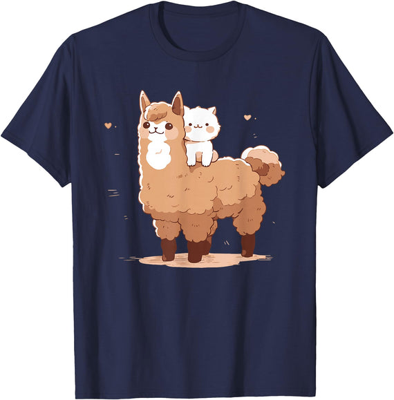 Kawaii Valentine Llama And Cat Design Cute Llama And Cat T-Shirt - Navy Blue