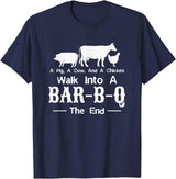 Funny BBQ Gift Tee Apparel A Cow A Pig And A Chicken Walk Into A Bar Funny BBQ Grilling T-Shirt - Navy Blue