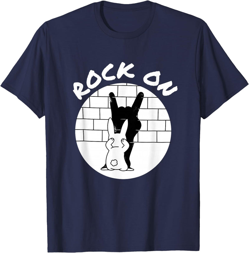 Funny Rock on Bunny Rabbit Shadow Puppet Rock N Roll Hand T-Shirt in Navy Blue
