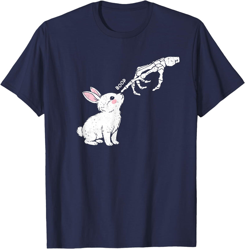 Cute Skeleton Hand Boop Bunny Rabbit Funny Easter Day T-Shirt in Navy Blue