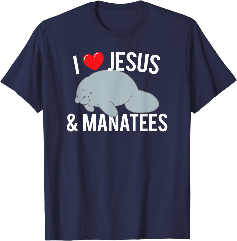 Sea Cows Tees I Love Jesus and Manatees, Cute Christian Manatee T Shirt T-Shirt - Navy Blue