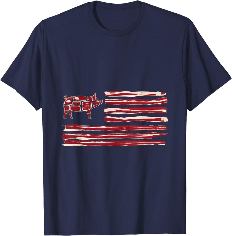 Bacon Lovers BBQ Grill Pork Pig Bacon Flag Pig American Patriot Cooking Grill T-Shirt - Navy Blue