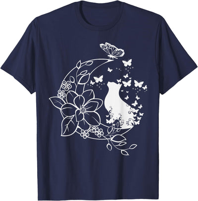Cats by Fluffabulous Prints Cat with floral crescent and butterflies. T-Shirt