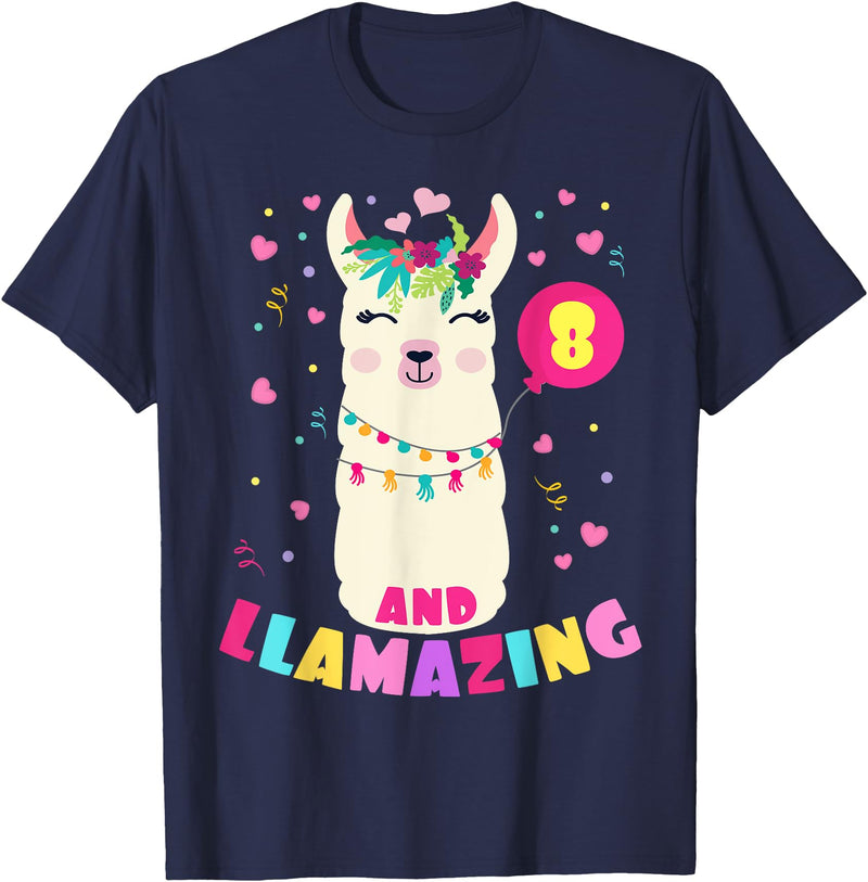 Llamazing Birthday Party Outfit Llama Lovers Llamazing 8 Years Old Girl Birthday Cute Llama Alpaca Kids T-Shirt - Navy Blue
