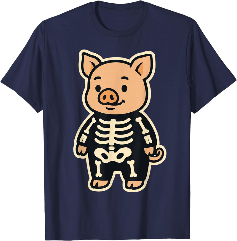 Spooky Cute Cartoon Animals in Halloween Outfits Funny Pig Skeleton Costume for Kids Boys Girls Halloween T-Shirt - Navy Blue