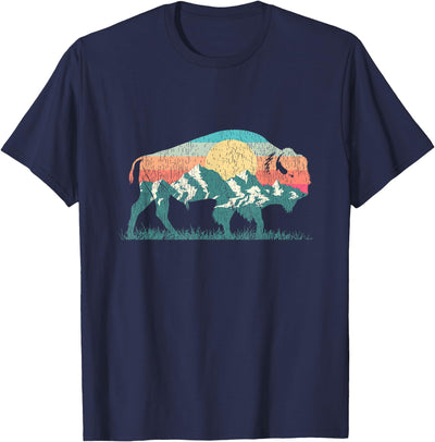 Cow Vintage National Park Bison Landscape Buffalo Retro Mountain T-Shirt