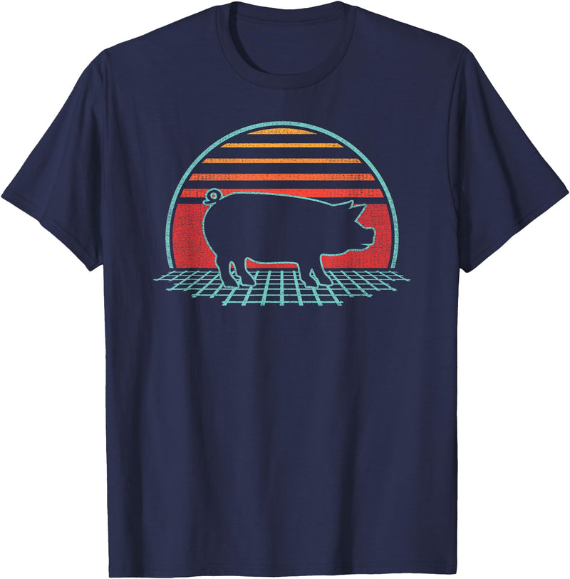 Pig Retro Vintage Style Pig Lover Farmer Farm Animal Retro Vintage 80s Style T-Shirt - Navy Blue
