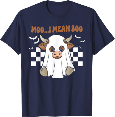 Funny Halloween Tees for Women Men Sarcastic Moo I Mean Boo Cute Ghost Cow Funny Halloween Men Women Kids T-Shirt