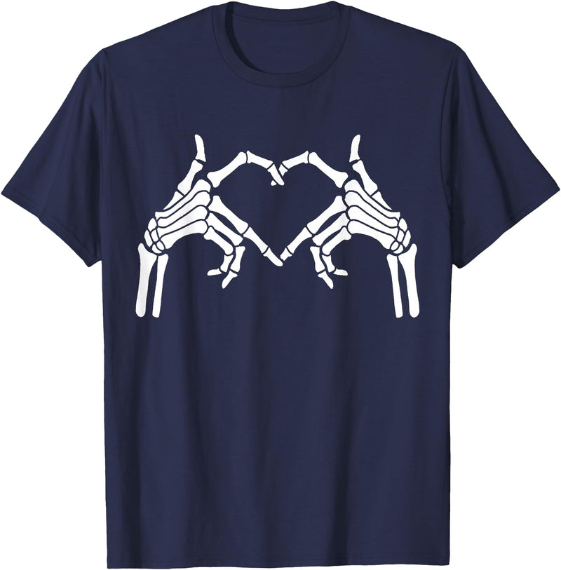 Skeleton Hand Halloween Trendy Novelty Graphic Art Skeleton Hands Heart Sign Halloween Tops T-Shirt - Navy Blue