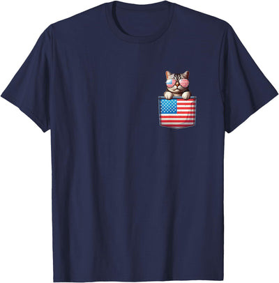 4th Of July Cat Lover Patriotic Men Women Kids Cat American Flag Pocket 4th Of July Patriotic Kitten Lover T-Shirt