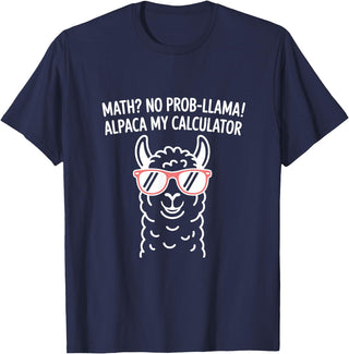 Pun Llama Animal Math Teacher Math No Prob llama Alpaca My Calculator Funny Pun Teacher T-Shirt - Navy Blue