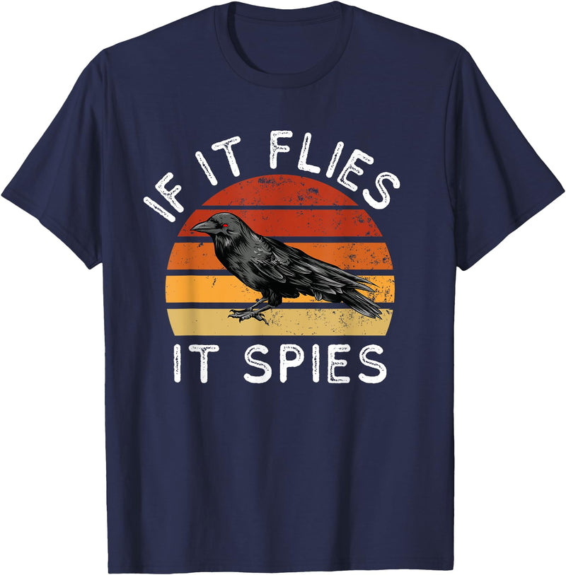 Funny If It Flies It Spies Clothing Co Vintage If It Flies It Spies Crow Bird Halloween T-Shirt - Navy Blue