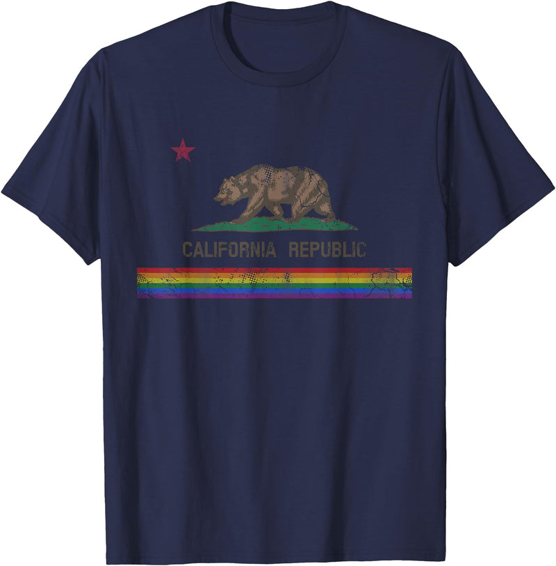 California LGBTQ+ Gift Men Women Couples Groups California Republic Bear LGBT Gay Pride Month Rainbow Flag T-Shirt - Navy Blue