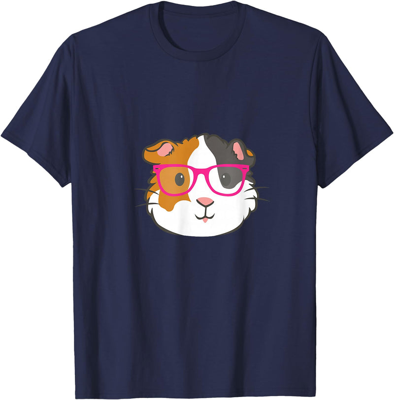 Hipster Animal Merch Co Cute Hipster Guinea Pig Hamster In Pink Eye Glasses Gift T-Shirt - Navy Blue