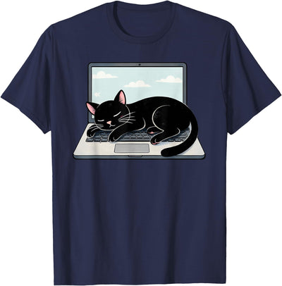 Funny Black Cat Lover Graphic Apparel Funny Black Cat Sleeping On Laptop Computer T-Shirt