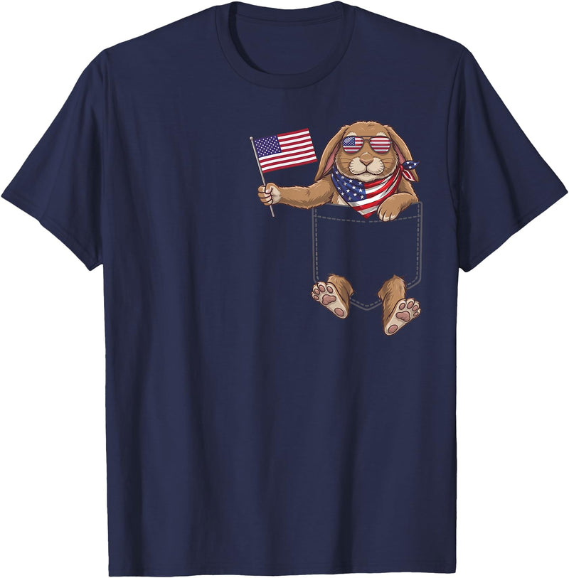 Rabbit Pocket Patriotic American Flag 4th of July USA T-Shirt in Navy Blue