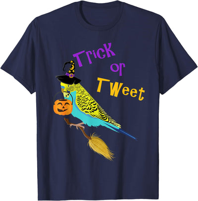 Bird Brained Halloween Trick or Tweet blue budgie cute graphic bird T-Shirt