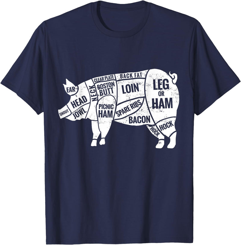 Pig Diagram T-Shirt | Butcher T-Shirts Pig and Pork Diagram Shirt, Butcher Shirt, Bacon Tee T-Shirt - Navy Blue