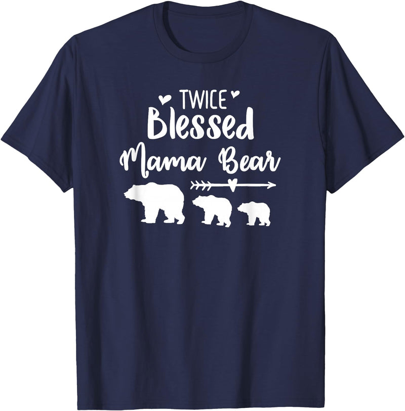 My Tribe Bear Shirts Twice Blessed Mama Bear With Two Baby Cubs Bear Shirt T-Shirt - Navy Blue