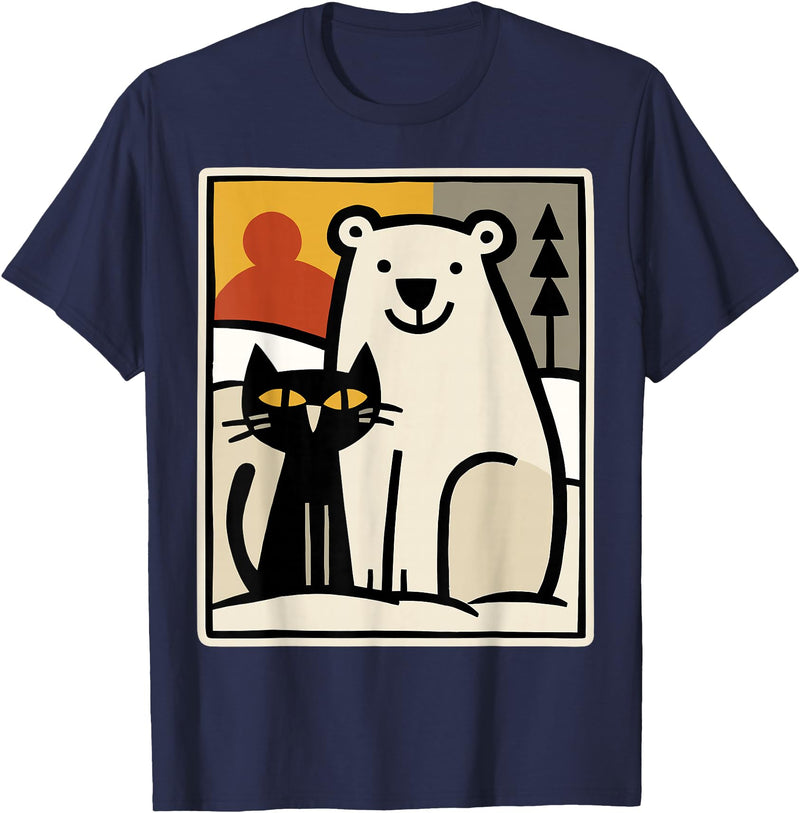Utschki Bratschki Black Cat and Polar Bear Winter Animal Cute Snow Art T-Shirt - Navy Blue