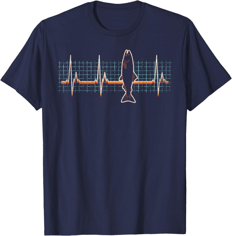 Salmon Fishing Heartbeat Retro Vintage 80s Gift Salmon Fish Retro Heartbeat Vintage 80s Style Gift T-Shirt - Navy Blue