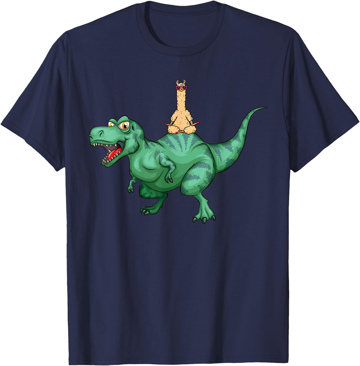 cute funny Llama Gifts and more Alpaca Llama riding Dinosaur T-Rex T-Shirt - Navy Blue