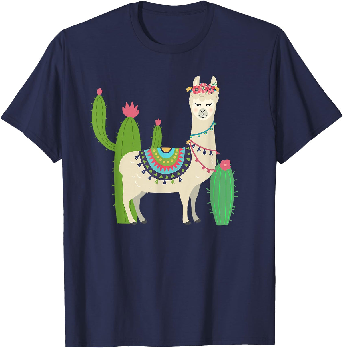 Captivaca Llama Shirts Cute Llama with Flower & Cactus/Llama Lover Gift T-Shirt Small - Navy Blue