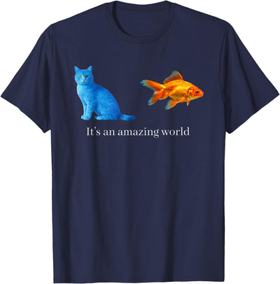 Amazing World Blue Cat Goldfish Surreal Art T-Shirt